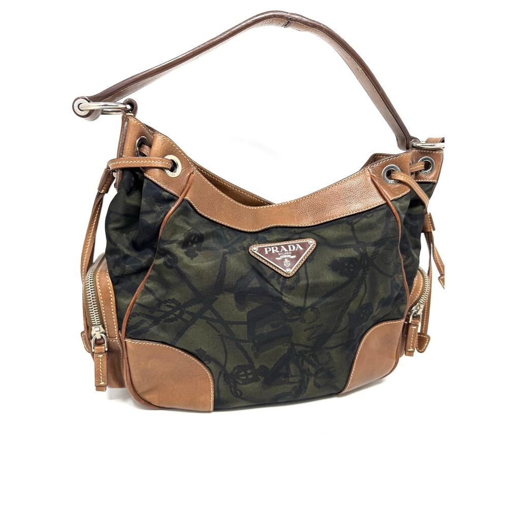Prada Camo Nylon Leather Trim Shoulder Bag Hobo w/ Side Zip Pockets Rare